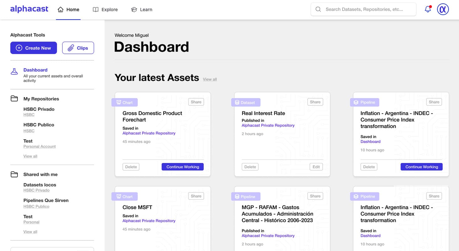 Redesigned Alphacast dashboard